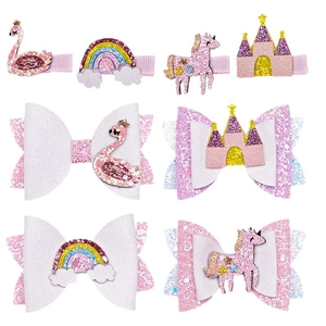 Lot de 8 barrettes à paillettes avec motifs cygne, arc-en-ciel et château pour filles