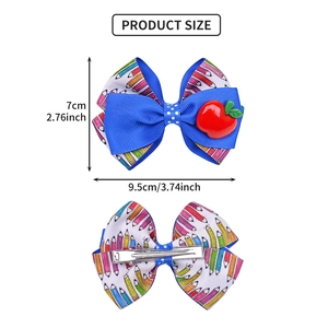 Barrette à cheveux nœud bleu avec motifs de crayons et pomme rouge pour écolières