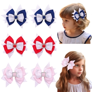 Kids Grosgrain Ribbon Layered Bow Hair Clip Rhinestone Bowknot Hairpin Sweet Color Blocking Headwear For Girls Daily Accessories