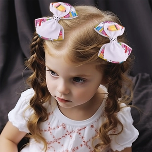 Gros plan d'une fille portant des pinces à cheveux à nœud blanc avec motifs crayons