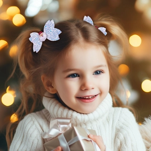 Blaue Glitzer Weihnachts-Haarschleifen mit Weihnachtsmann-Detail für Kinder beim Tragen