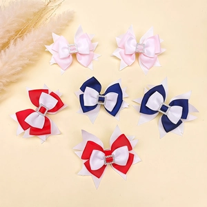 Blue and white rhinestone bow hair clips for girls set with grosgrain ribbon craft