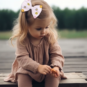 Détail d'une pince à cheveux nœud faite main avec broderies de marguerites pour enfant
