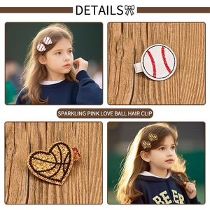 Kids baseball and sequin basketball heart hair clips set shown on wooden background