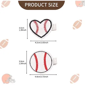 Size chart for heart and round baseball hair clips with white glitter and red stitching