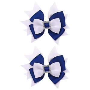 Pair of blue and white layered grosgrain bow hair clips with rhinestone buckle for girls