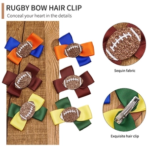 Dreiteiliges Set Rugby-Haarspangen mit Ripsband-Schleifen und Pailletten-Football-Motiv