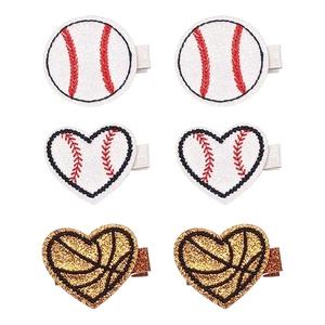 6-piece set of sports-themed hair clips with glitter baseball and basketball designs