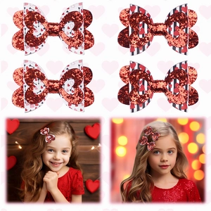 Barrettes à Cheveux Nœud Cœur Pailleté Rouge Enfant Fait Main Paillettes Rayées Saint-Valentin Accessoires de Coiffure Filles Festifs