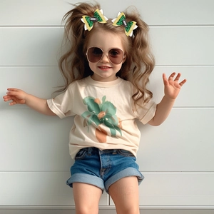 Détail de nœuds à cheveux football avec paillettes vertes et jaunes sur un enfant modèle