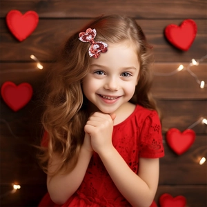 Détail d'un nœud papillon à paillettes rouges et blanches porté par une petite fille fêtant