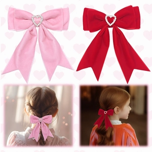 Barrette à Cheveux Nœud en Velours Enfants Avec Strass Cœur Saint-Valentin Épingle à Cheveux Ruban Accessoires de Coiffure