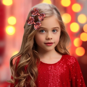 Détail de pinces à cheveux cœur à paillettes rouges avec rayures sur une jeune fille