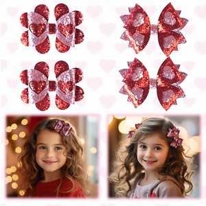 Barrettes à Cheveux Pailletées Enfants Saint-Valentin Nœud Cœur Accessoires Cheveux en Similicuir Scintillant pour Filles