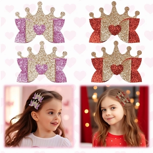 Shiny Glitter Crown Bow Hair Clips For Girls Valentine's Day Princess Heart Pattern Hairpins Kids Performance Hair Accessories