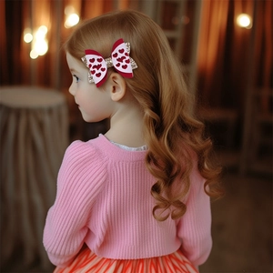 Bambina con fermaglio a fiocco con cuori e glitter dorati per San Valentino