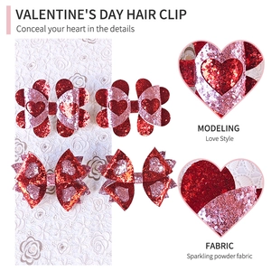 Barrettes à cheveux à nœuds scintillants roses et rouges avec motifs de cœur pour fille