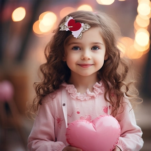 Dettaglio del fermaglio per capelli a cuore con ali rosse e glitter per San Valentino