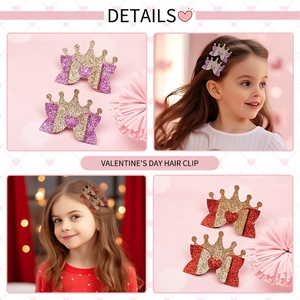 Glitter crown bow hair clips for girls in red and purple for New Year and Valentine's Day