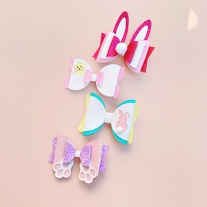 Easter bunny ears and chick glitter hair bow clips set in pastel macaron colors for kids