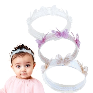 Set of 3 baby lace headbands with 3D butterfly embroidery and elastic band for infants