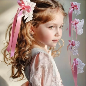 Kids Girls French Vintage Artificial Pearl Bow Hair Claw Clip With Long Pink Satin Streamer Sweet Princess Style Hairpin Accessories