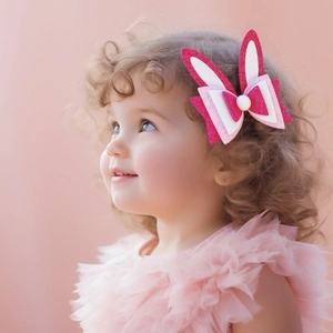 Pink sequin bunny ear hair clip with white pom-pom on child model for Easter party