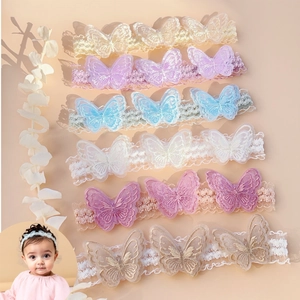 Butterfly Embroidery Lace Baby Headband Elastic Handmade Mesh Hair Accessory With Artificial Pearl For Kids Photography Party