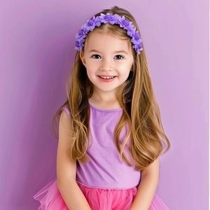 Close-up of child wearing a floral headband with purple fabric roses for festivals