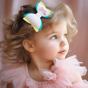 Detailed close-up of a layered pastel bow hair clip with a pink glitter bunny on a child