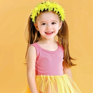 Close-up of yellow floral headband worn by a child with 3D fabric flower details