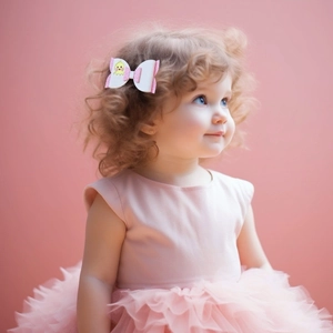 Close-up of a child wearing a handmade Easter chick bow hairclip with pink sequins