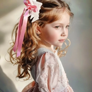 Girl's French vintage style pearl hair clip with pink satin ribbons and lace details