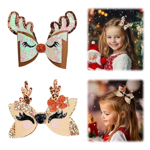 Kids Christmas Reindeer Antler Bow Hair Clips Glitter Faux Leather Alligator Clips Festive Hair Accessories For Girls