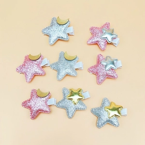 Set of 9 glitter star and moon hair clips for girls with safe fabric wrapped metal clips