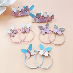 Set di fermagli per capelli a farfalla e elastici per bambine in pelle PU glitter