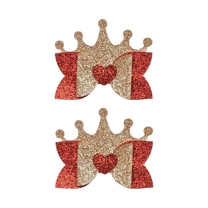 Glittering crown and red bow hair clips for girls featuring gold sequins and heart detail