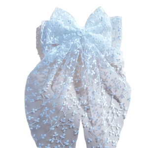 Light blue floral embroidered lace socks with large bow for girls in princess style