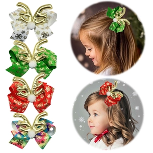 Christmas Reindeer Antler Bow Hair Clips For Girls Gold Snowflake Print Grosgrain Ribbon Bows Hair Accessories With Fur Ball