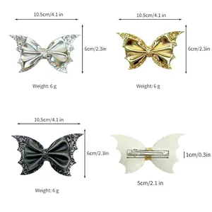 Glittery Halloween bat wing hair clips for girls with size chart and weight details