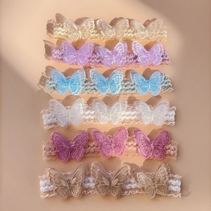 Set of six colorful lace baby headbands featuring detailed 3D butterfly embroidery detail