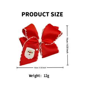 Christmas red bow hair clip with Santa embroidery and white stitching, product size detail