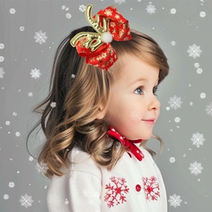 Christmas bow hair clip with golden antlers and snowflake patterns on red silk ribbon