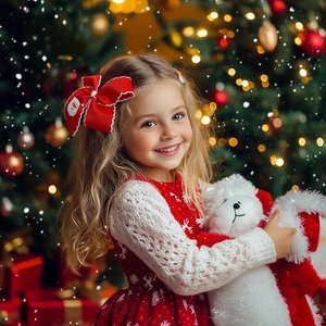 Close-up of a festive red Christmas dress with white snowflakes and a matching hair bow