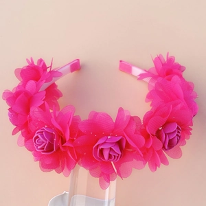 Floral headband for girls with rose pink mesh fabric flowers for parties and weddings