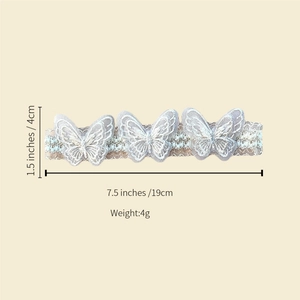 Detailed size measurement of baby lace headband with three embroidered butterflies