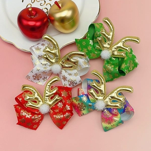 Set of 4 Christmas bow hair clips with gold antlers and snowflakes for women