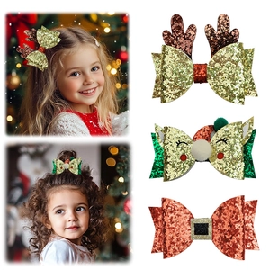 Christmas Bow Hair Clips For Kids Glitter Reindeer Antler Pom Pom Hairpins Santa Belt Buckle Xmas Party Hair Accessories