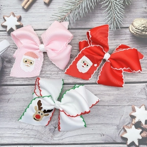 Christmas bow hair clips set with Santa and reindeer embroidery on grosgrain ribbon