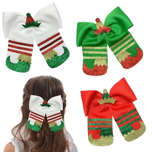 Christmas Elf Bow Hair Clips For Girls Grosgrain Ribbon Glitter Elf Boots Santa Hat Xmas Party Hair Accessory For Kids